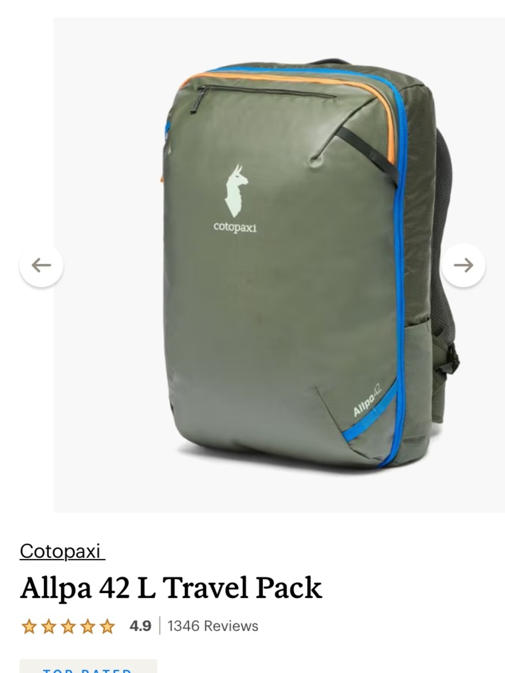 cotopaxi olive travel pack with blue and orange trim-like brand new!